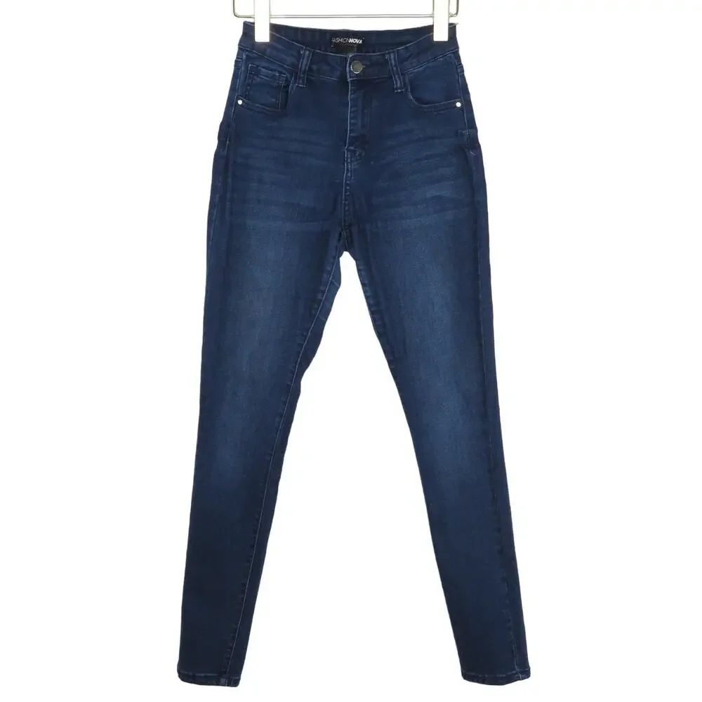 Fashion Nova Blue High Rise Curvy Skinny Jeans Size 0 Dark Wash Stretchy